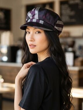 Burberry Newsboy Cap in Nova Check Plum and Gray